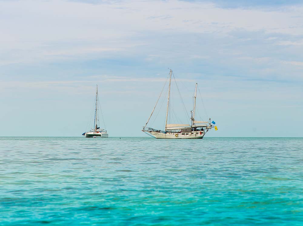 Two sailboats anchored in crystal clear waters seen from the coast.